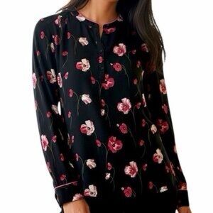 Banana Republic XL Black Pullover Button Cuff Blouse with Pink Floral Pattern